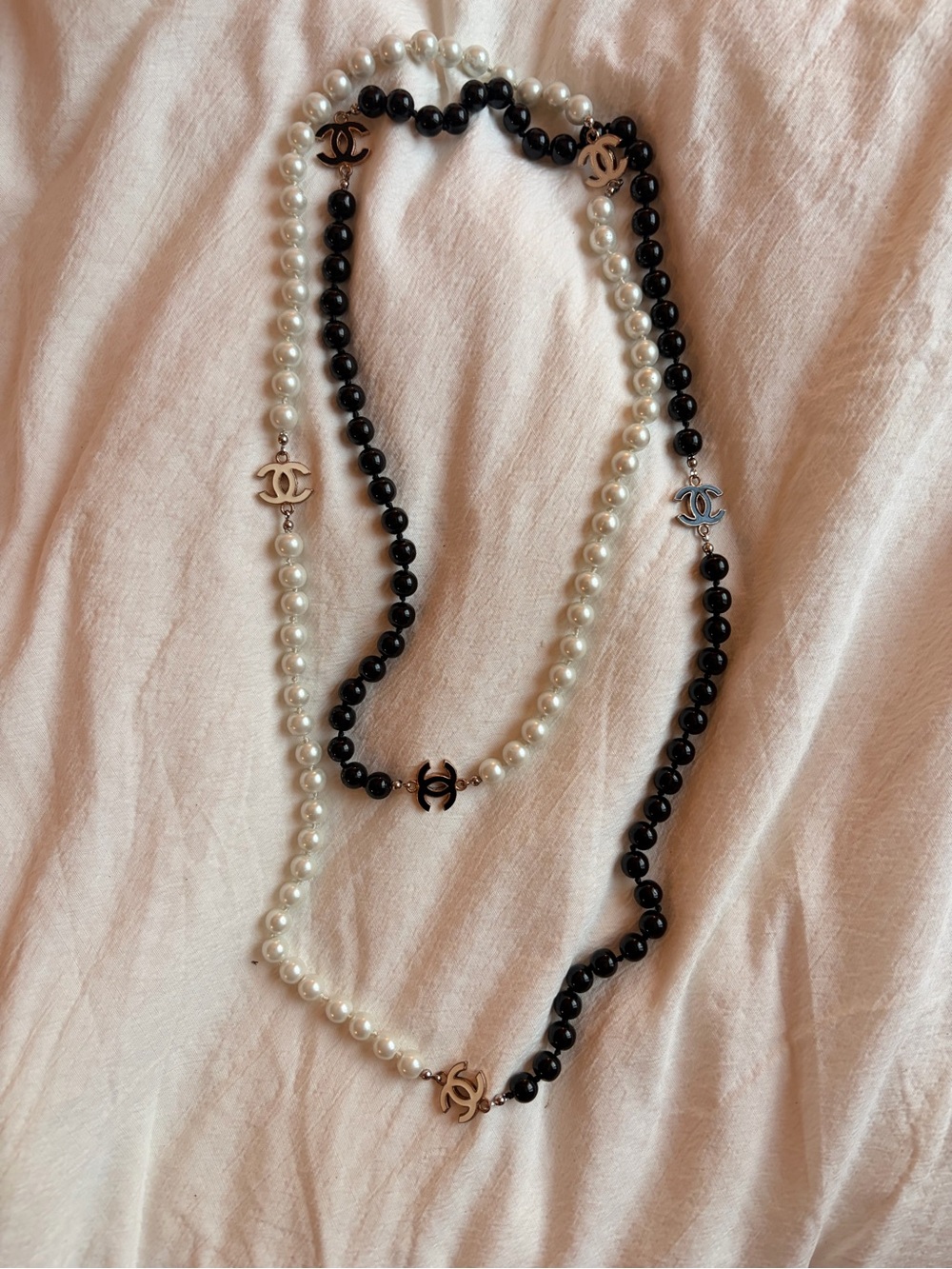 CHANEL Black and White Faux Pearl Long Station Necklace with CC Logos